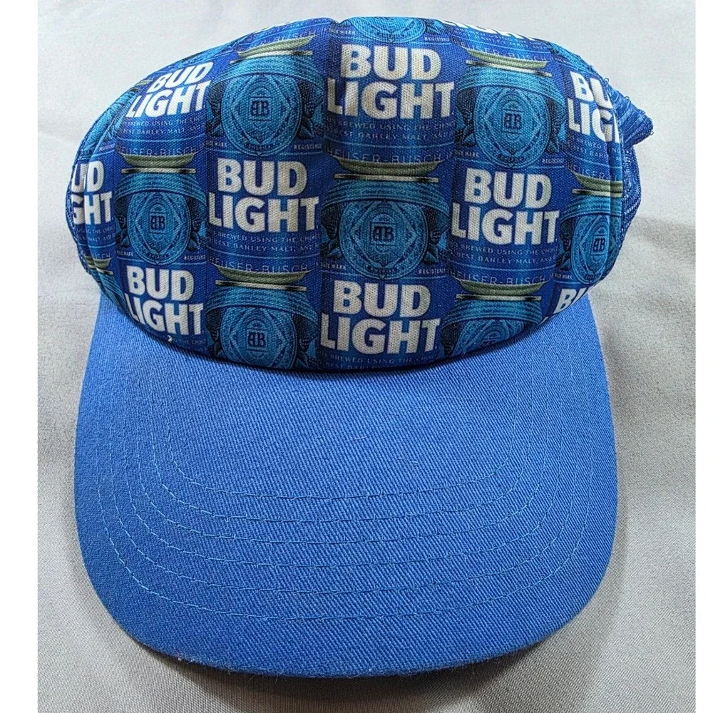 Bud Light Trucker Hat Men OSFM Blue Logo Print Foam Mesh Snapback Cap